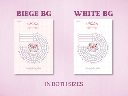Product specification layout showing two background color options for a butterfly-themed radial habit tracker in a bullet journal: Beige Background (Beige BG) and White Background (White BG). Labeled with 'IN BOTH SIZES' at the bottom.