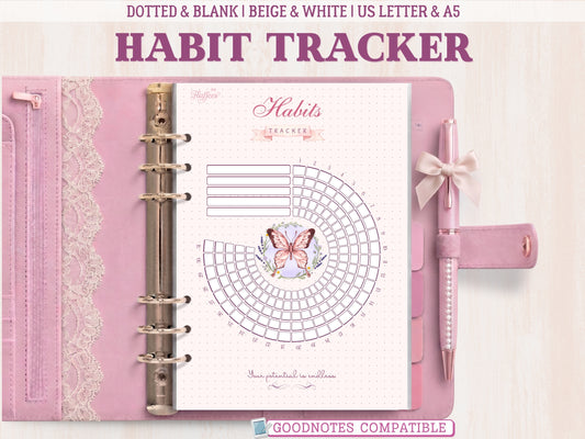 A bullet journal habit tracker page displayed inside an aesthetic pink leather binder with lace details and a matching bow pen. Features a unique radial habit tracker design with a beautiful pink butterfly illustration in the center, a dotted background, and the quote 'Your potential is endless'. Labeled as GoodNotes compatible.