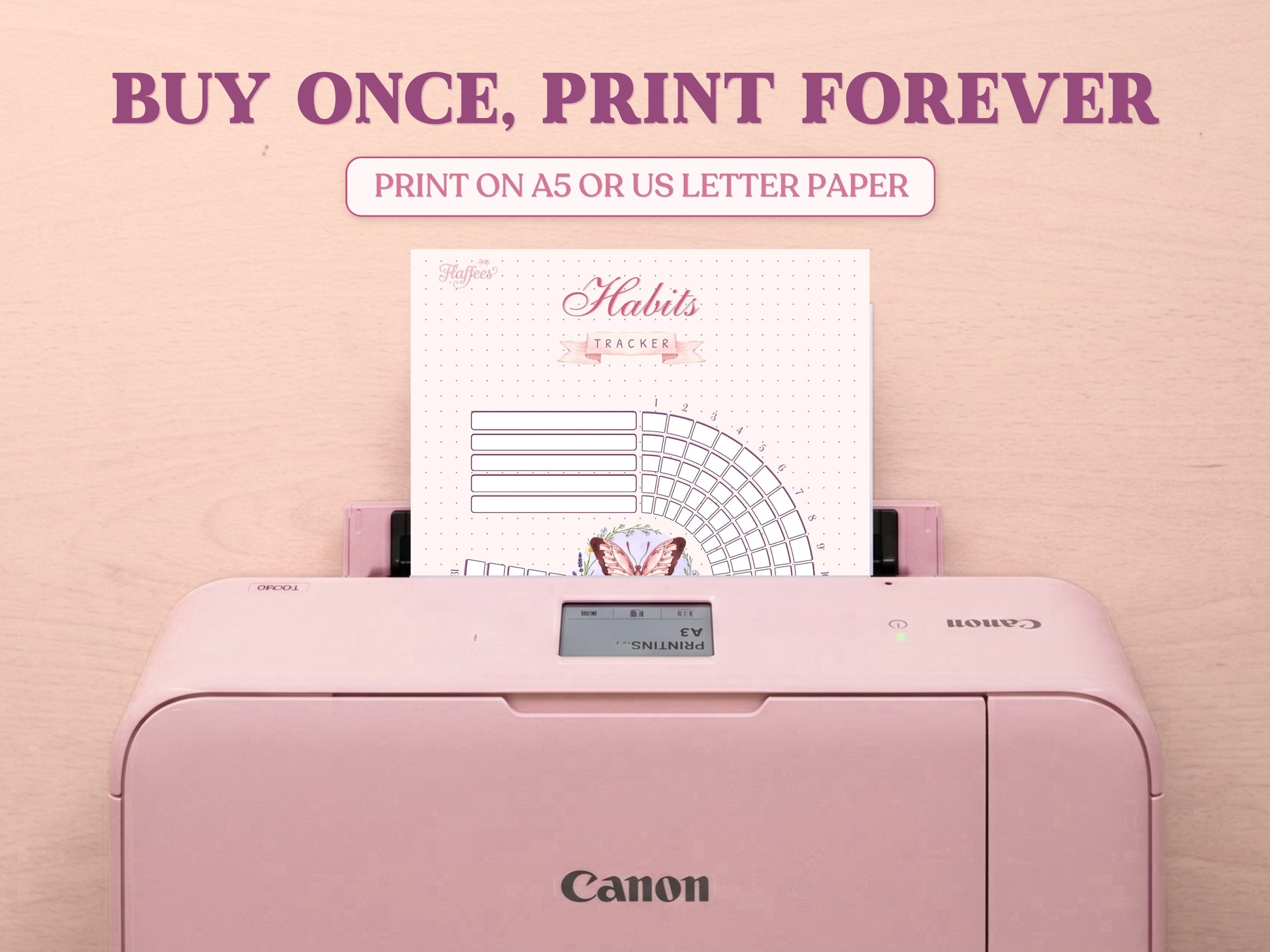 A printable butterfly habit tracker page being printed out of a pastel pink Canon printer on a wooden desk. Features large promotional text reading 'BUY ONCE, PRINT FOREVER' and 'PRINT ON A5 OR US LETTER PAPER' to emphasize it is a printable bullet journal template.