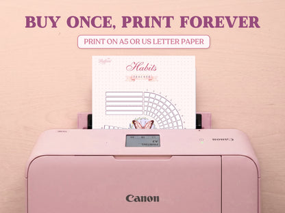 A printable butterfly habit tracker page being printed out of a pastel pink Canon printer on a wooden desk. Features large promotional text reading 'BUY ONCE, PRINT FOREVER' and 'PRINT ON A5 OR US LETTER PAPER' to emphasize it is a printable bullet journal template.