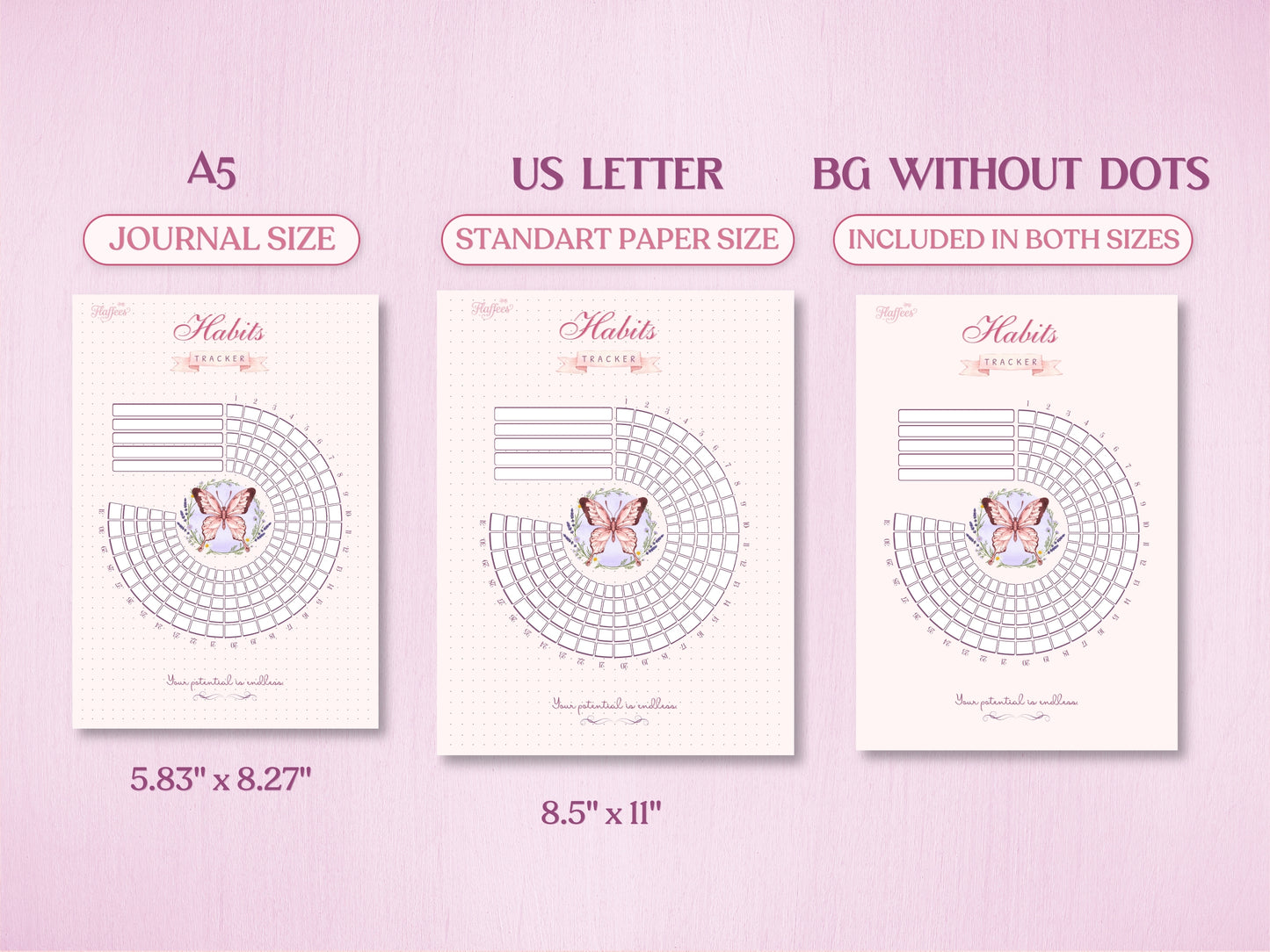 Technical layout displaying the radial habit tracker page for a bullet journal in A5 (Journal Size) and US Letter (Standard Paper Size). Includes a preview of the 'BG WITHOUT DOTS' version, showing exact paper dimensions at the bottom.