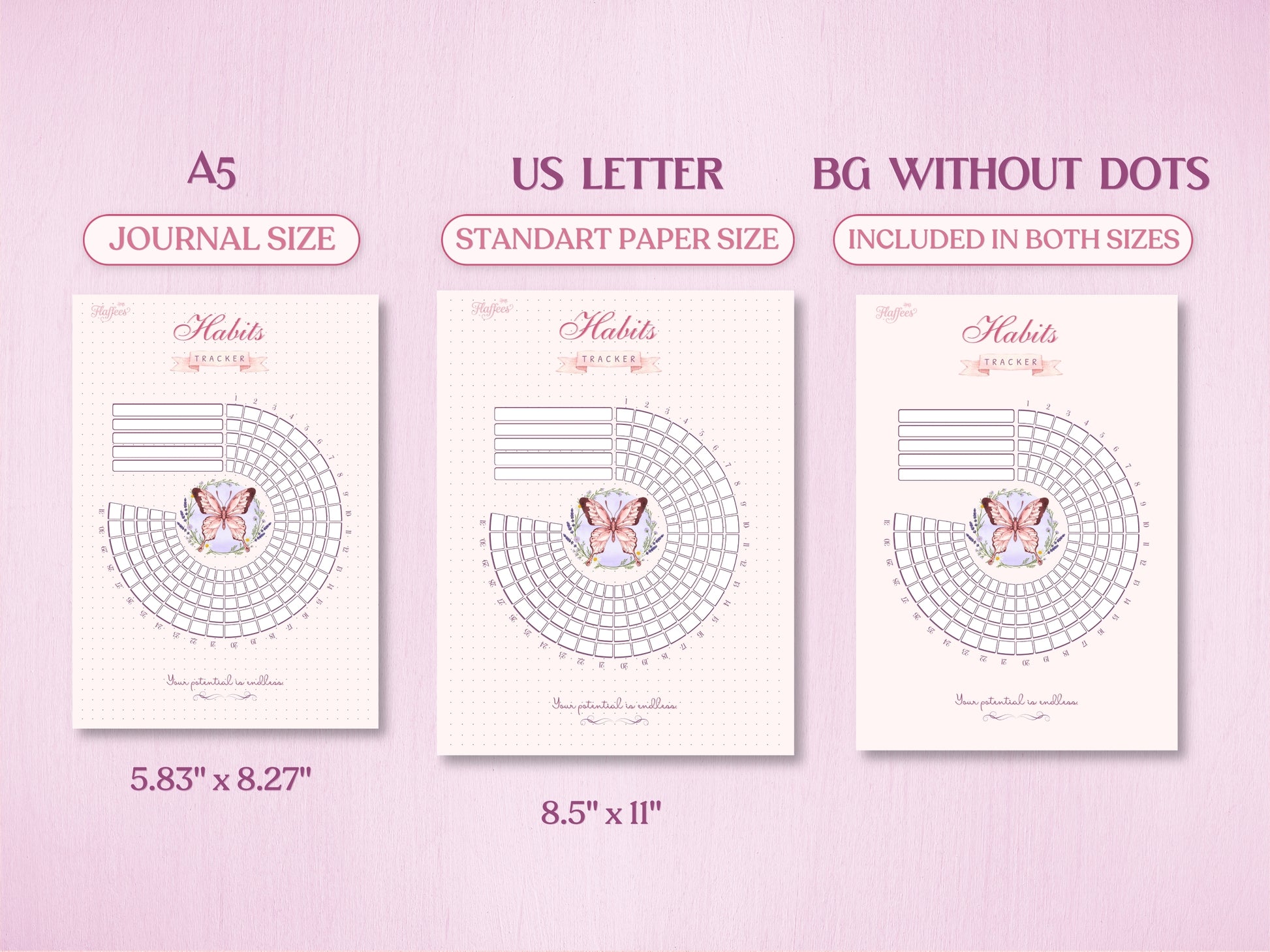 Technical layout displaying the radial habit tracker page for a bullet journal in A5 (Journal Size) and US Letter (Standard Paper Size). Includes a preview of the 'BG WITHOUT DOTS' version, showing exact paper dimensions at the bottom.