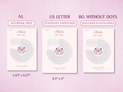 Technical layout displaying the radial habit tracker page for a bullet journal in A5 (Journal Size) and US Letter (Standard Paper Size). Includes a preview of the 'BG WITHOUT DOTS' version, showing exact paper dimensions at the bottom.