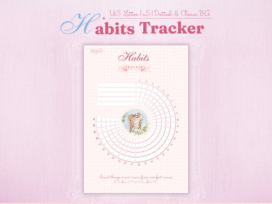 Circular habit tracker page featuring a unique radial design for 31 days. Aesthetic pink layout with a central floral illustration in a vase and an inspiring quote: 'Great things never came from comfort zones'. Dotted background for a classic bullet journal feel.