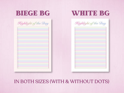 Product presentation layout showing two background color variants for the 'Highlight of the Day' memory tracker in a bullet journal: Beige Background (Beige BG) and White Background (White BG). Features a text note at the bottom reading 'IN BOTH SIZES (WITH & WITHOUT DOTS)'.