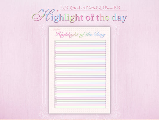 A minimalist yet colorful journal page titled 'Highlight of the Day' with gradient pastel lettering. It features 31 numbered, color-coded rows in alternating soft green, pink, and purple, perfect for daily gratitude journaling. Set against a dotted background for that authentic bullet journal feel.