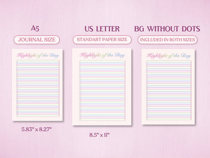Technical layout showing the daily highlight tracker page for a bullet journal in A5 (Journal Size, 5.83x8.27 inches) and US Letter (Standard Paper Size, 8.5x11 inches). Includes a preview of the clean 'BG WITHOUT DOTS' version on a soft pink background.