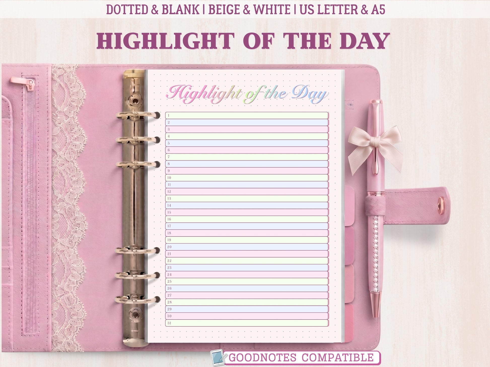 A bullet journal 'Highlight of the Day' tracker page showcased inside an open pink leather binder decorated with lace. The template features detailed numbered blank banner ribbons for writing daily positive highlights or memories, stylized on a soft pink dotted grid background. Labeled as GoodNotes compatible.