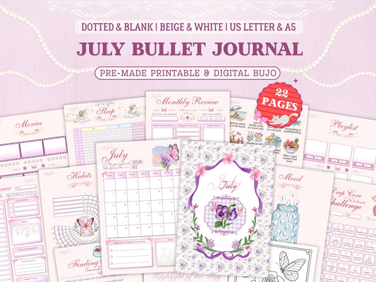 July Bullet Journal bundle cover featuring a purple floral pattern with pansies, green leaves, and pink ribbons. Soft purple and pink aesthetic. Includes various tracking and planning pages like daily planner, sleep tracker, mood tracker, and glow-up challenge. 22 pages in US Letter and A5 sizes.