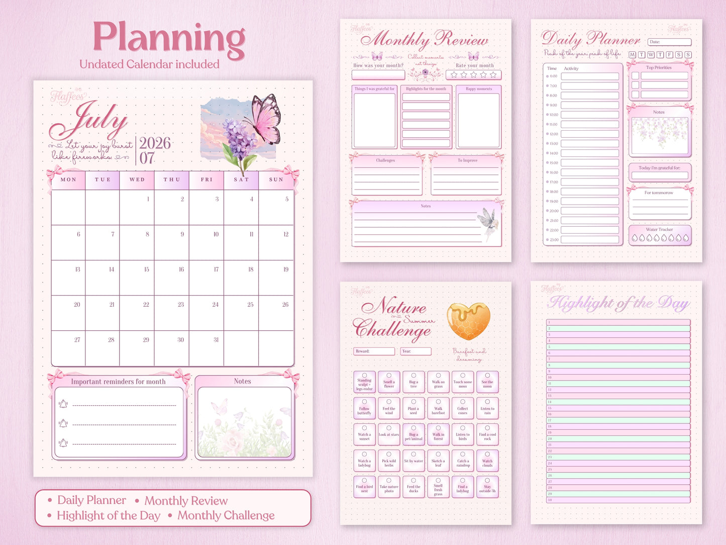 Planning section of the July bullet journal featuring an undated monthly calendar for July 2026 with a butterfly and lavender illustration. Includes a monthly review page, a detailed daily planner, a 'Nature Summer Challenge' grid, and a 'Highlight of the Day' tracker.