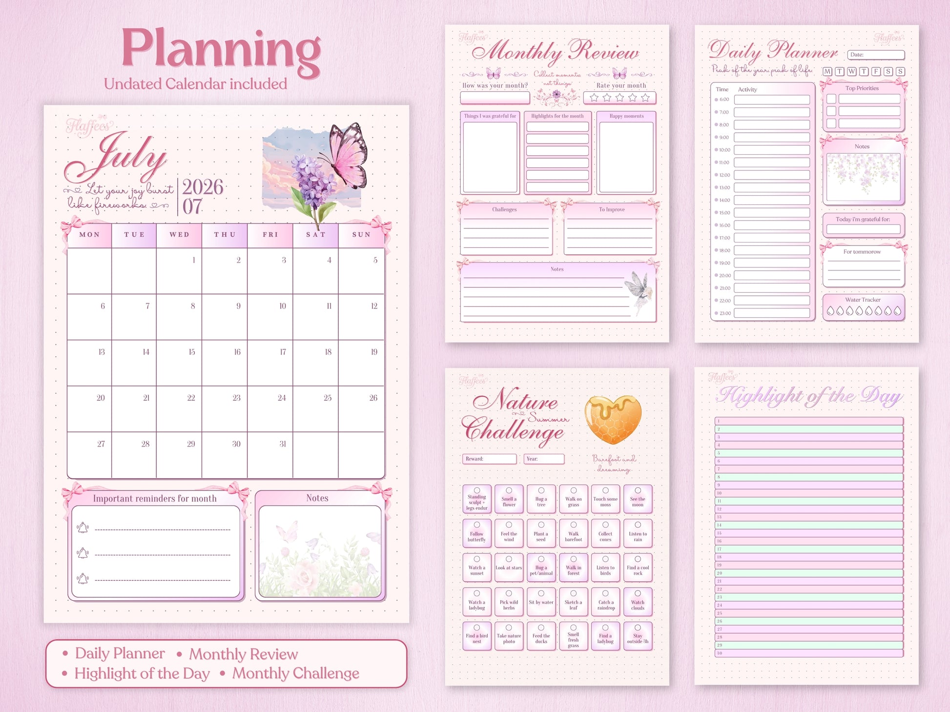 Planning section of the July bullet journal featuring an undated monthly calendar for July 2026 with a butterfly and lavender illustration. Includes a monthly review page, a detailed daily planner, a 'Nature Summer Challenge' grid, and a 'Highlight of the Day' tracker.