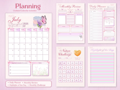 Planning section of the July bullet journal featuring an undated monthly calendar for July 2026 with a butterfly and lavender illustration. Includes a monthly review page, a detailed daily planner, a 'Nature Summer Challenge' grid, and a 'Highlight of the Day' tracker.