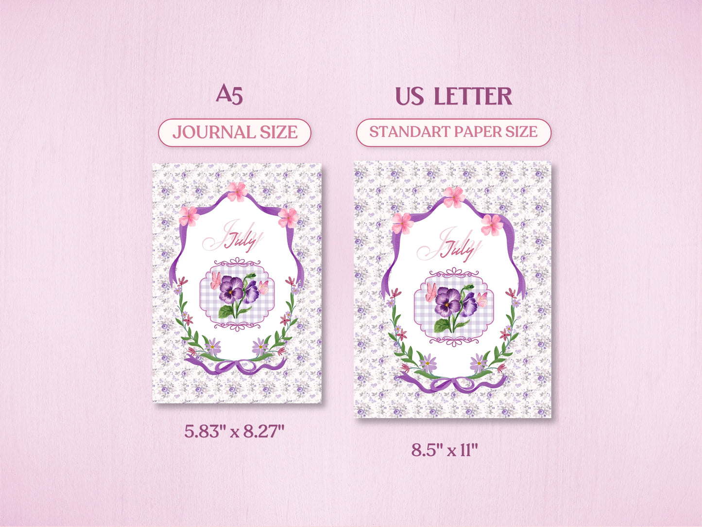 Product specification sheet showing the July bullet journal cover page in two standard sizes: A5 (Journal Size, 5.83x8.27 inches) and US Letter (Standard Paper Size, 8.5x11 inches). Features a soft purple floral and pansy design theme.