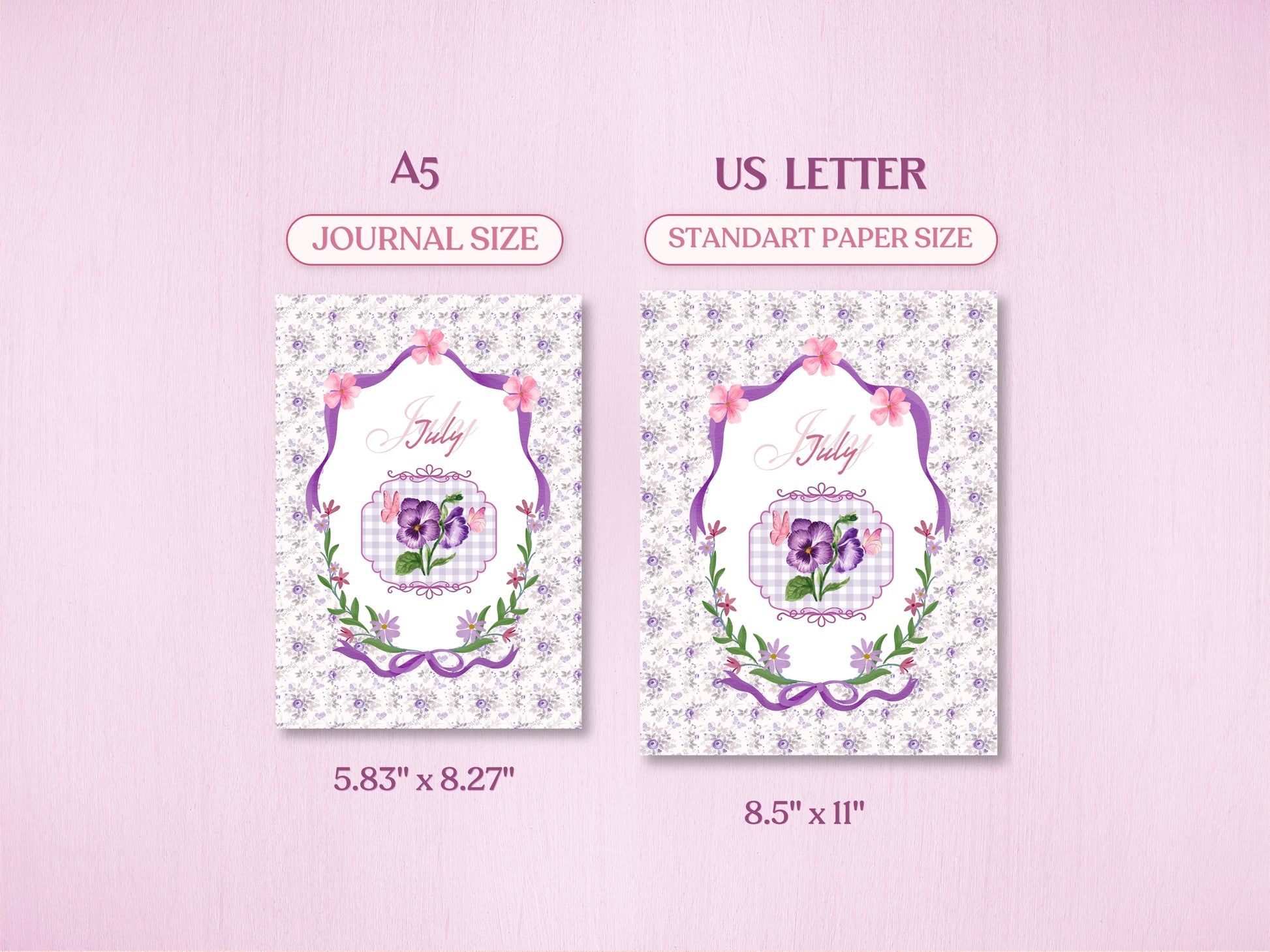 Product specification sheet showing the July bullet journal cover page in two standard sizes: A5 (Journal Size, 5.83x8.27 inches) and US Letter (Standard Paper Size, 8.5x11 inches). Features a soft purple floral and pansy design theme.