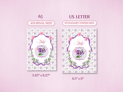 Product specification sheet showing the July bullet journal cover page in two standard sizes: A5 (Journal Size, 5.83x8.27 inches) and US Letter (Standard Paper Size, 8.5x11 inches). Features a soft purple floral and pansy design theme.