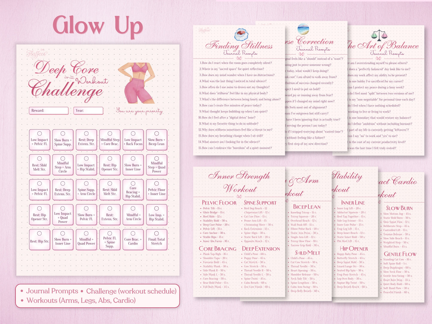Glow Up section of the bullet journal featuring a 'Deep Core Workout Challenge' calendar and text layouts for workouts including pelvic floor, core bracing, arm, stability, and cardio routines. Includes journal prompt pages for finding stillness and course correction.