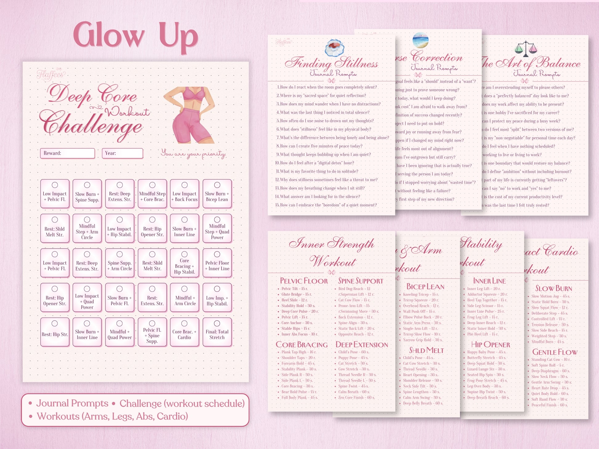 Glow Up section of the bullet journal featuring a 'Deep Core Workout Challenge' calendar and text layouts for workouts including pelvic floor, core bracing, arm, stability, and cardio routines. Includes journal prompt pages for finding stillness and course correction.