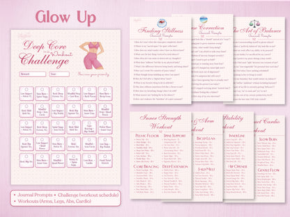 Glow Up section of the bullet journal featuring a 'Deep Core Workout Challenge' calendar and text layouts for workouts including pelvic floor, core bracing, arm, stability, and cardio routines. Includes journal prompt pages for finding stillness and course correction.