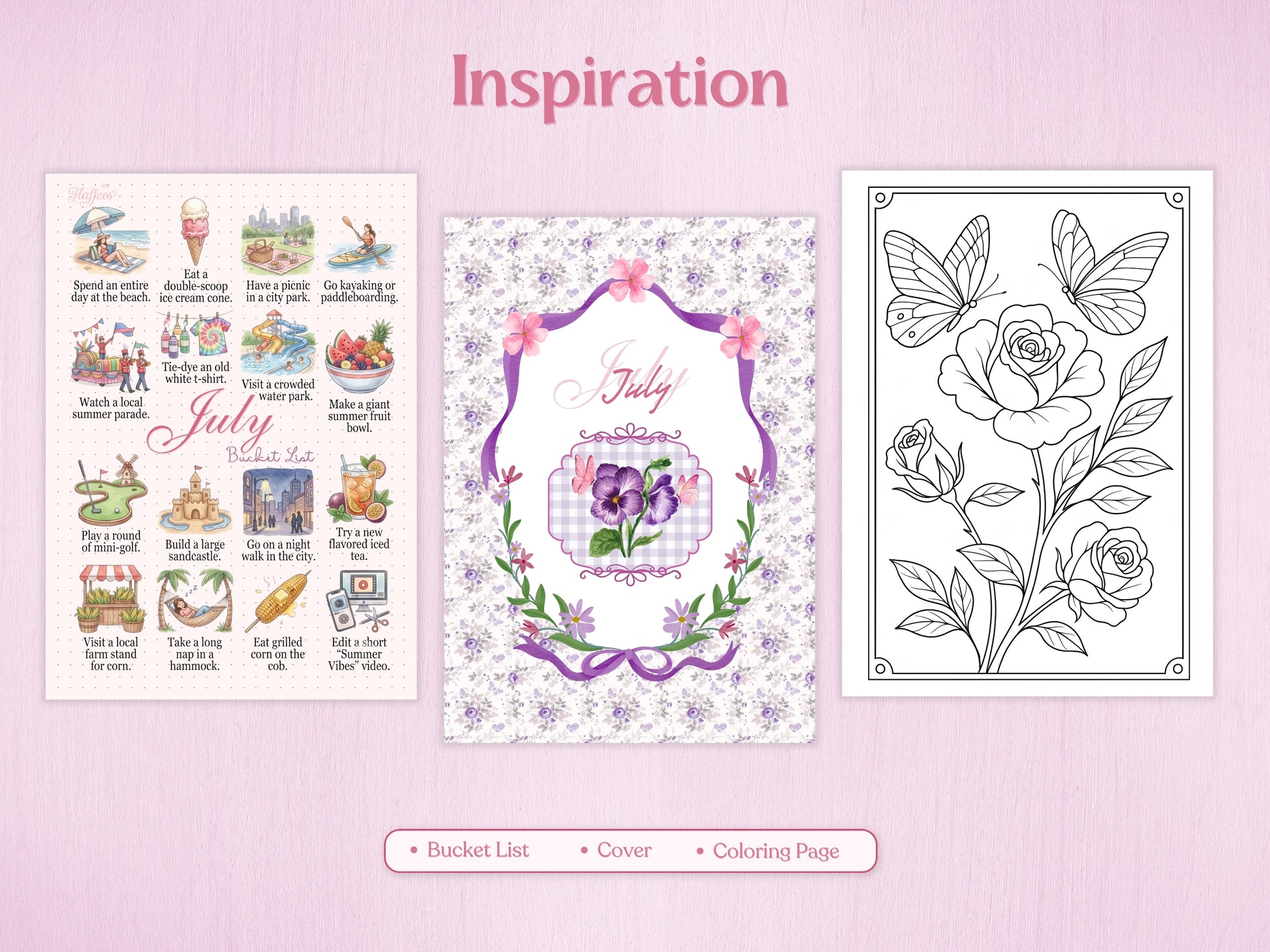 Inspiration pages for July bullet journal including a summer bucket list with colorful illustrated activities, a decorative cover page with purple pansies inside an elegant frame, and a detailed coloring page with roses and butterflies.