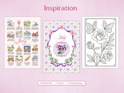Inspiration pages for July bullet journal including a summer bucket list with colorful illustrated activities, a decorative cover page with purple pansies inside an elegant frame, and a detailed coloring page with roses and butterflies.