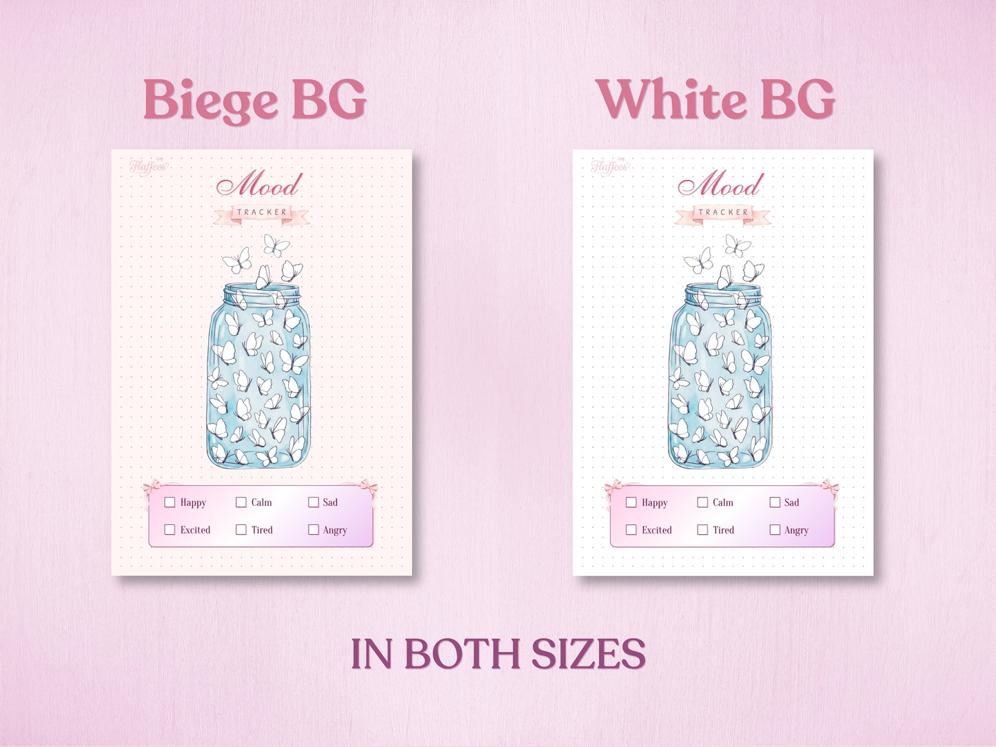 Product specification layout demonstrating the two color options included in the bullet journal bundle: Beige Background (Beige BG) and White Background (White BG) for the butterfly mood tracker page. Available in both A5 and US Letter sizes.