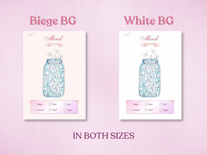 Product specification layout demonstrating the two color options included in the bullet journal bundle: Beige Background (Beige BG) and White Background (White BG) for the butterfly mood tracker page. Available in both A5 and US Letter sizes.
