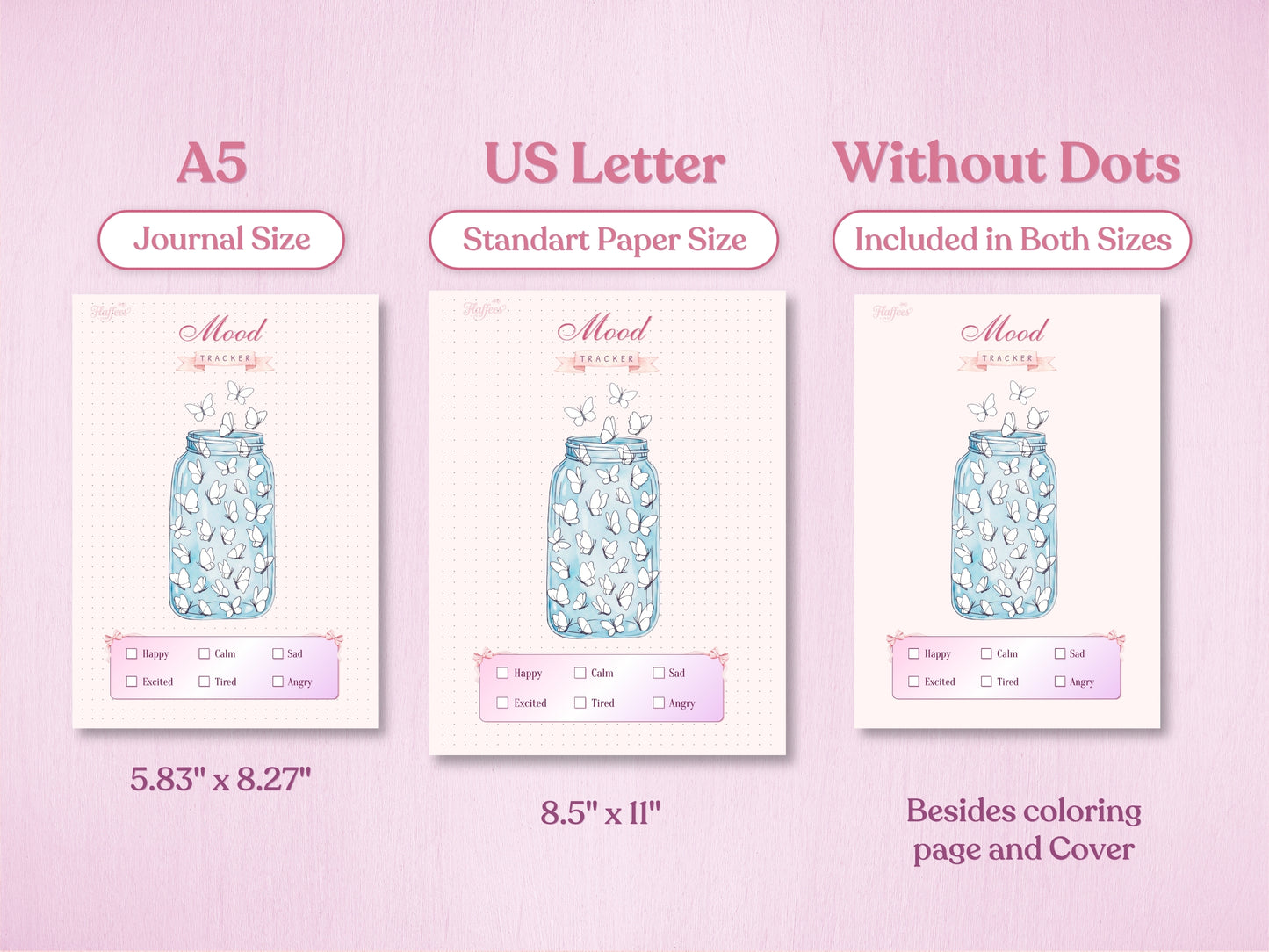 Technical preview of the butterfly jar mood tracker page for bullet journal showing A5 (Journal Size) and US Letter (Standard Paper Size) formats. It also illustrates the 'Without Dots' design version available for both sizes on a soft pink background.
