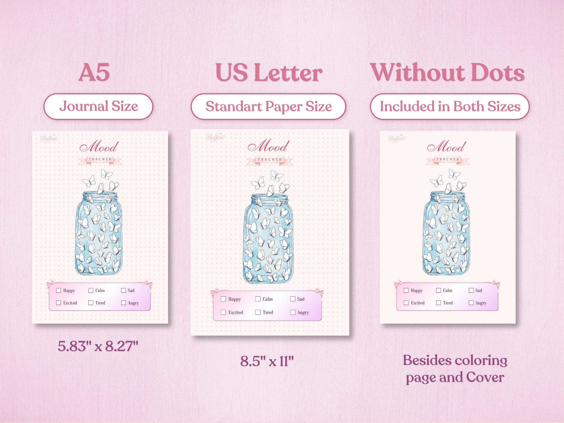 Technical preview of the butterfly jar mood tracker page for bullet journal showing A5 (Journal Size) and US Letter (Standard Paper Size) formats. It also illustrates the 'Without Dots' design version available for both sizes on a soft pink background.