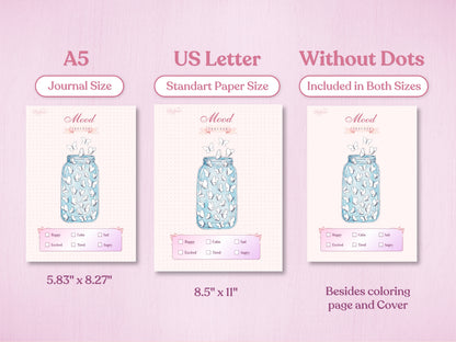 Technical preview of the butterfly jar mood tracker page for bullet journal showing A5 (Journal Size) and US Letter (Standard Paper Size) formats. It also illustrates the 'Without Dots' design version available for both sizes on a soft pink background.