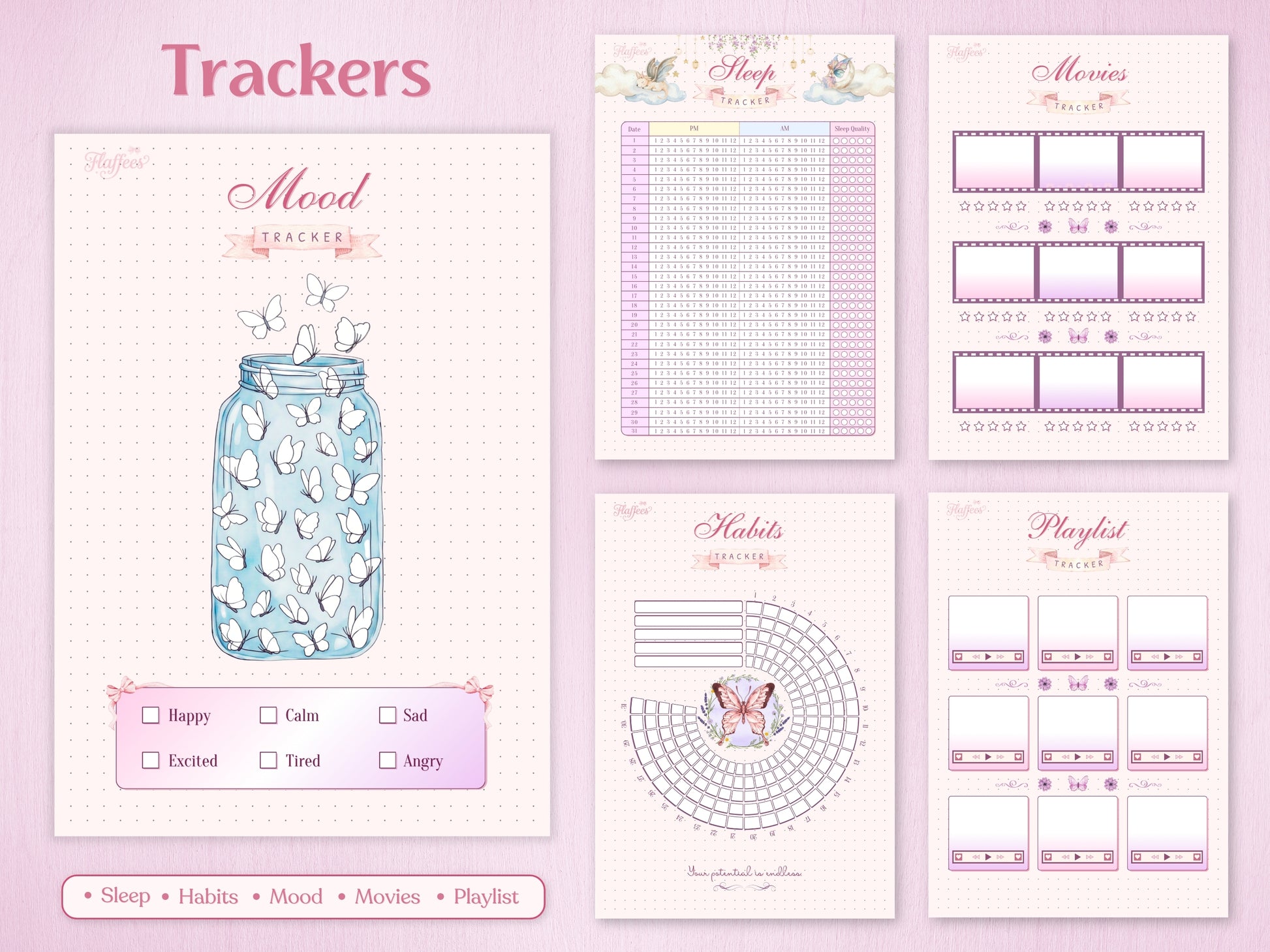 A collection of aesthetic trackers for July bullet journal featuring a mood tracker jar filled with butterflies, a detailed grid for sleep quality and hours, a circular habits log with a central butterfly illustration, a movie review list, and a music playlist tracker.