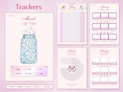 A collection of aesthetic trackers for July bullet journal featuring a mood tracker jar filled with butterflies, a detailed grid for sleep quality and hours, a circular habits log with a central butterfly illustration, a movie review list, and a music playlist tracker.