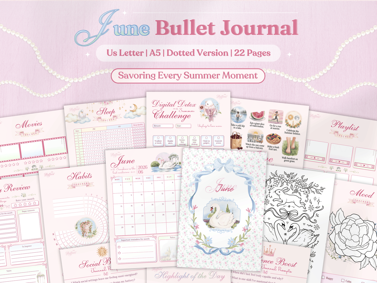 June Bullet Journal bundle cover featuring a graceful swan with a pink bow and floral decorations. Soft pink aesthetic with pearls and various planner pages like sleep tracker, habit tracker, and digital detox challenge. 22 pages in US Letter and A5 sizes.