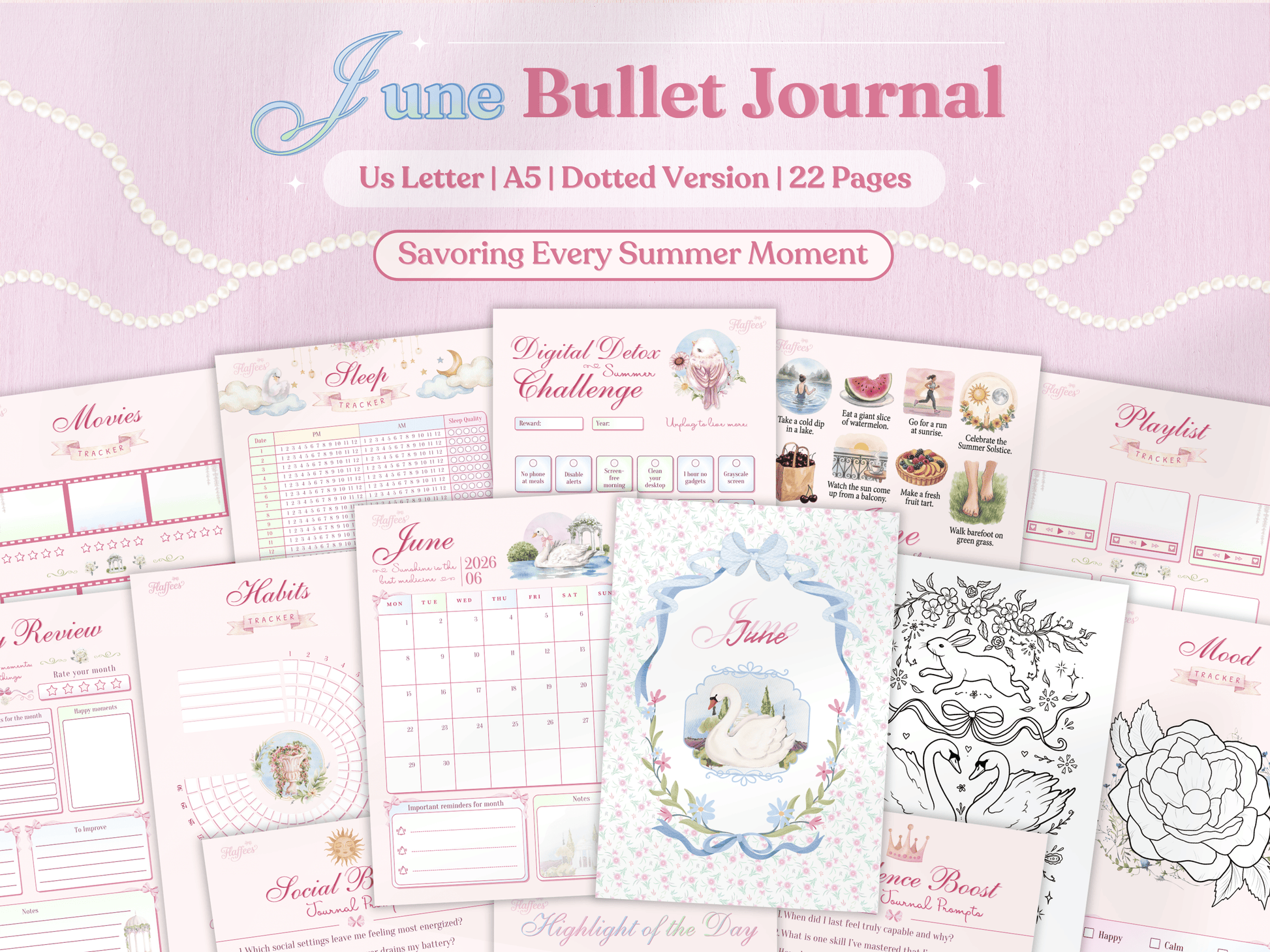 June Bullet Journal bundle cover featuring a graceful swan with a pink bow and floral decorations. Soft pink aesthetic with pearls and various planner pages like sleep tracker, habit tracker, and digital detox challenge. 22 pages in US Letter and A5 sizes.