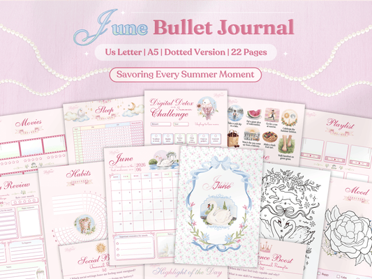 June Bullet Journal bundle cover featuring a graceful swan with a pink bow and floral decorations. Soft pink aesthetic with pearls and various planner pages like sleep tracker, habit tracker, and digital detox challenge. 22 pages in US Letter and A5 sizes.