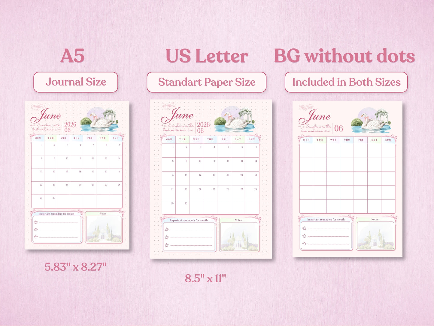 Technical preview of the June calendar tracker in A5 and US Letter sizes. The image also demonstrates the 'BG without dots' version, offering a clean background option for both sizes. Soft pink and pastel watercolor aesthetic.