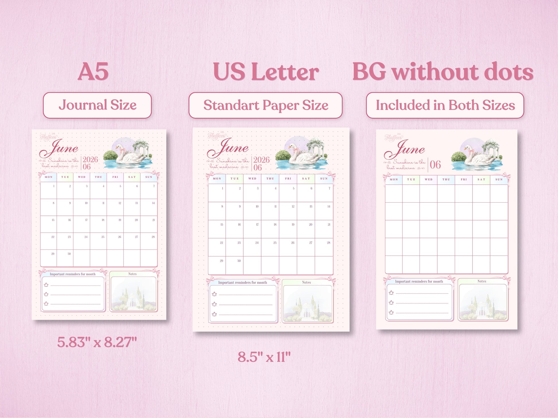 Technical preview of the June calendar tracker in A5 and US Letter sizes. The image also demonstrates the 'BG without dots' version, offering a clean background option for both sizes. Soft pink and pastel watercolor aesthetic.