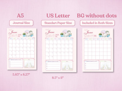 Technical preview of the June calendar tracker in A5 and US Letter sizes. The image also demonstrates the 'BG without dots' version, offering a clean background option for both sizes. Soft pink and pastel watercolor aesthetic.