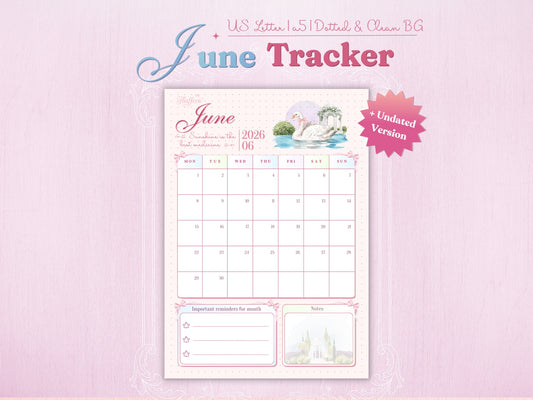 June calendar tracker page featuring a graceful swan on a lake with a pink bow and garden gazebo illustration. Aesthetic layout for June 2026 with sections for important reminders and notes. Dotted background for a classic bullet journal look.