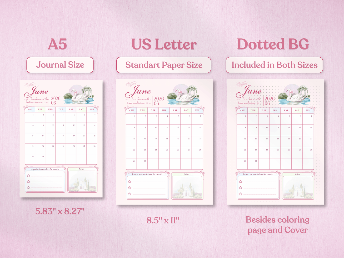 Product specification page showing the June calendar in two sizes: A5 (Journal Size) and US Letter (Standard Paper Size). Includes a preview of the dotted background version available for both sizes.
