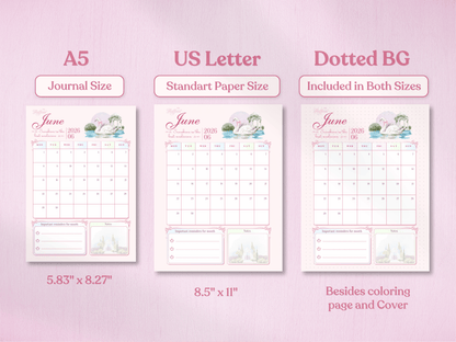 Product specification page showing the June calendar in two sizes: A5 (Journal Size) and US Letter (Standard Paper Size). Includes a preview of the dotted background version available for both sizes.