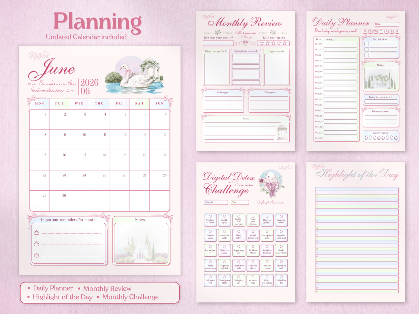 Planning section of the June Bullet Journal including an undated monthly calendar with swan illustration, a daily planner with water tracker, a monthly review page, and a 'Highlight of the Day' list. Soft pastel pink design.