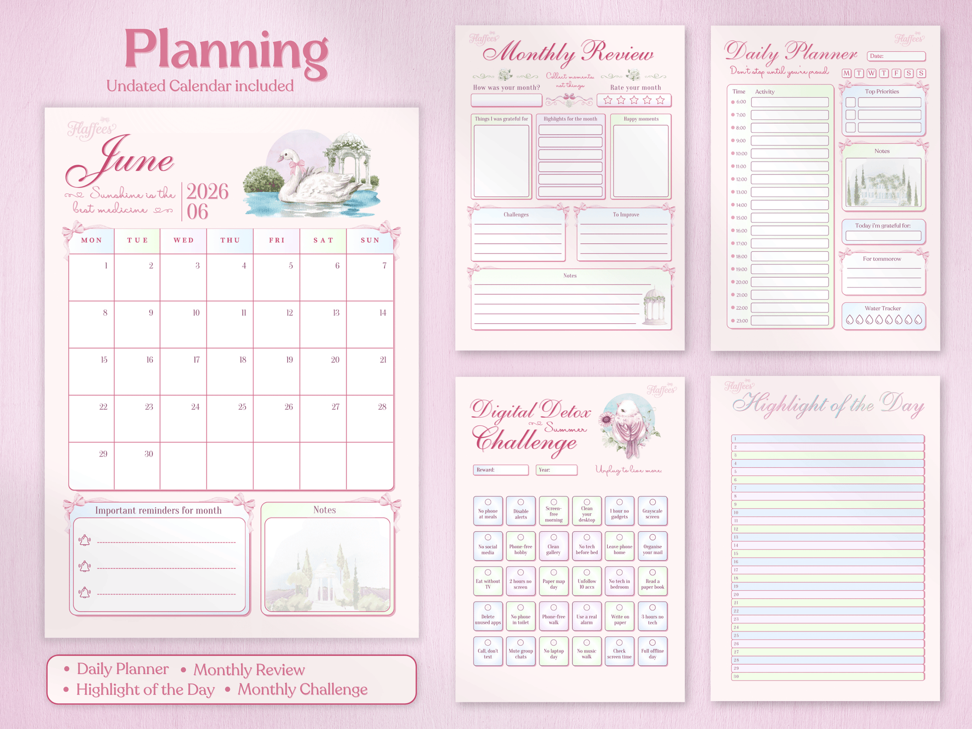 Planning section of the June Bullet Journal including an undated monthly calendar with swan illustration, a daily planner with water tracker, a monthly review page, and a 'Highlight of the Day' list. Soft pastel pink design.