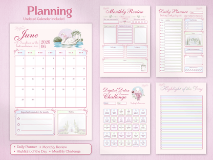 Planning section of the June Bullet Journal including an undated monthly calendar with swan illustration, a daily planner with water tracker, a monthly review page, and a 'Highlight of the Day' list. Soft pastel pink design.