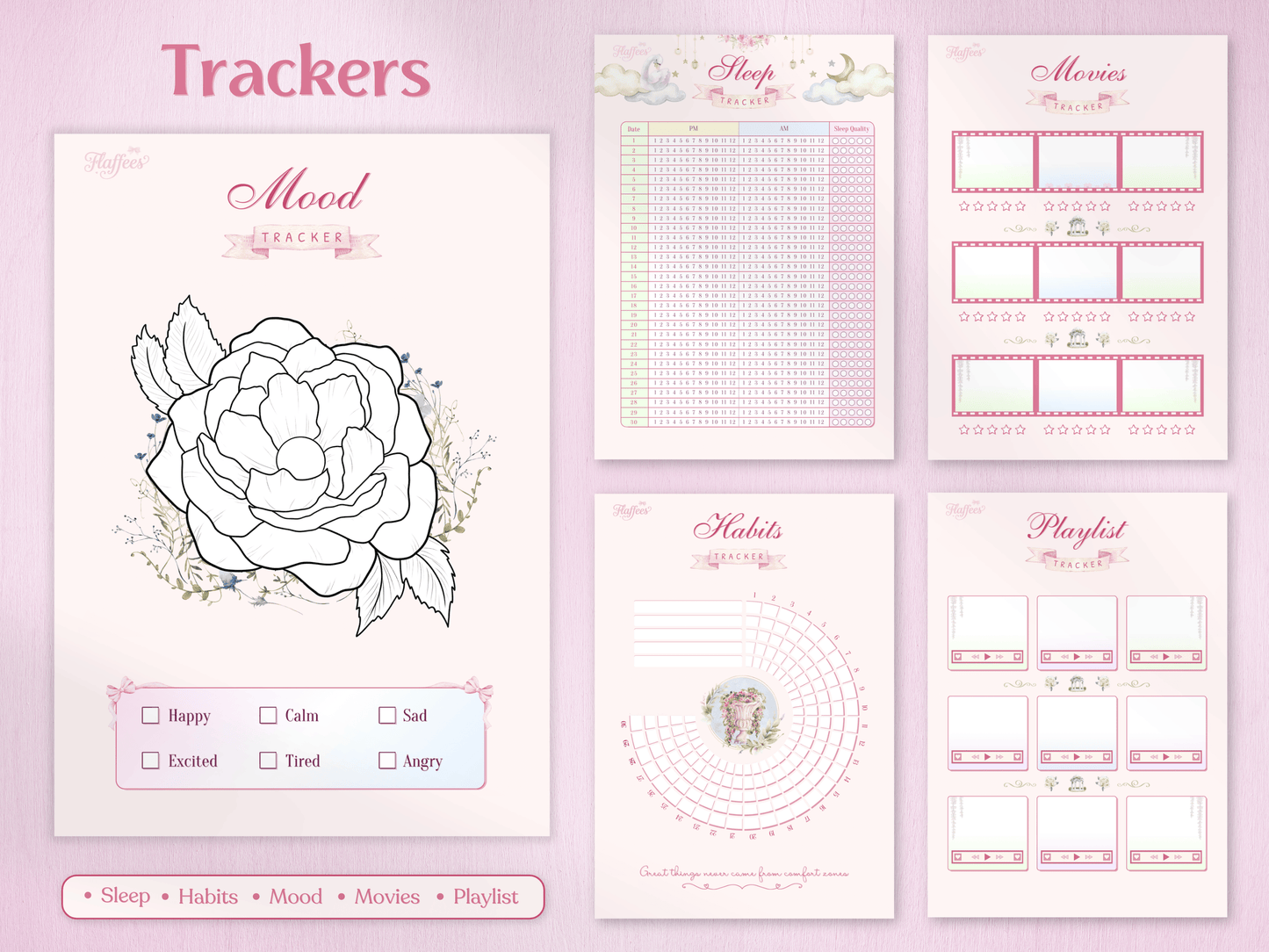 A collection of aesthetic trackers for mood with a large rose coloring element, a circular habit tracker, sleep quality log, movie review boxes, and a playlist page. Decorated with delicate floral accents and pink bows.