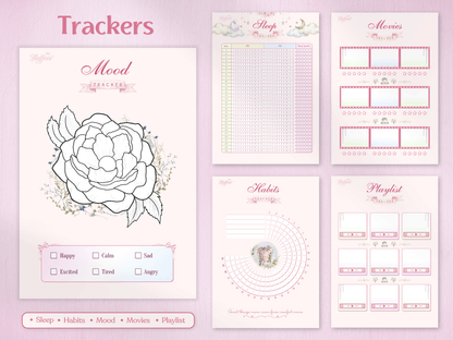 A collection of aesthetic trackers for mood with a large rose coloring element, a circular habit tracker, sleep quality log, movie review boxes, and a playlist page. Decorated with delicate floral accents and pink bows.