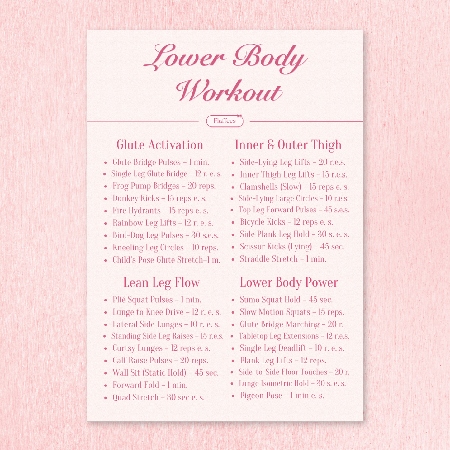 Lower body workout plan on a pink background