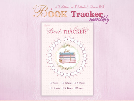 Monthly book tracker page featuring a central illustration of a stack of books tied with twine and flowers. The circular habit tracker layout includes 31 numbered circles for daily reading logs. Includes a color-coded key for tracking pages read: 0, 1-10, 11-25, 26-45, 46-60, and 75+ pages.