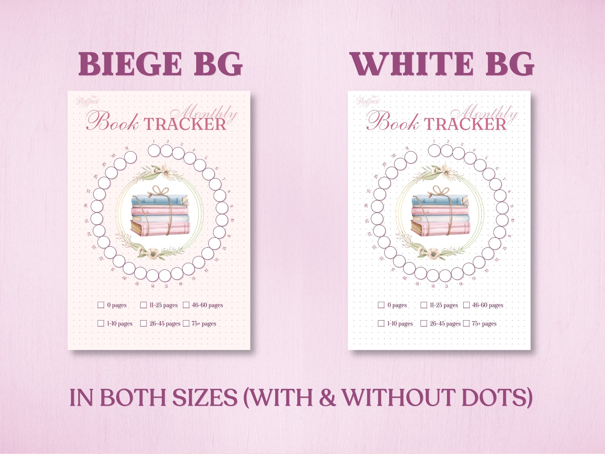 Product specification sheet showing two background color variants for the circular monthly book tracker in a bullet journal: Beige Background (Beige BG) and White Background (White BG). Labeled with 'IN BOTH SIZES (WITH & WITHOUT DOTS)' at the bottom.