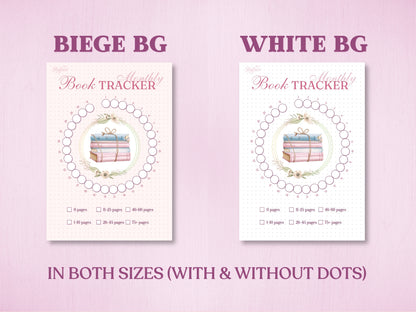 Product specification sheet showing two background color variants for the circular monthly book tracker in a bullet journal: Beige Background (Beige BG) and White Background (White BG). Labeled with 'IN BOTH SIZES (WITH & WITHOUT DOTS)' at the bottom.