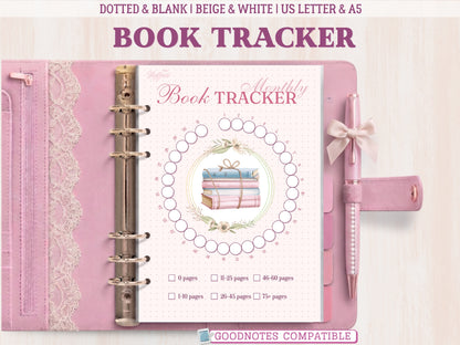 A monthly book tracker insert for a bullet journal displayed inside an open pink leather binder decorated with lace. The template features a circular tracking ring with 31 numbered round segments, an elegant illustration of a book stack tied with twine and flowers in the center, a page-count key, and a dotted background. Labeled as GoodNotes compatible.
